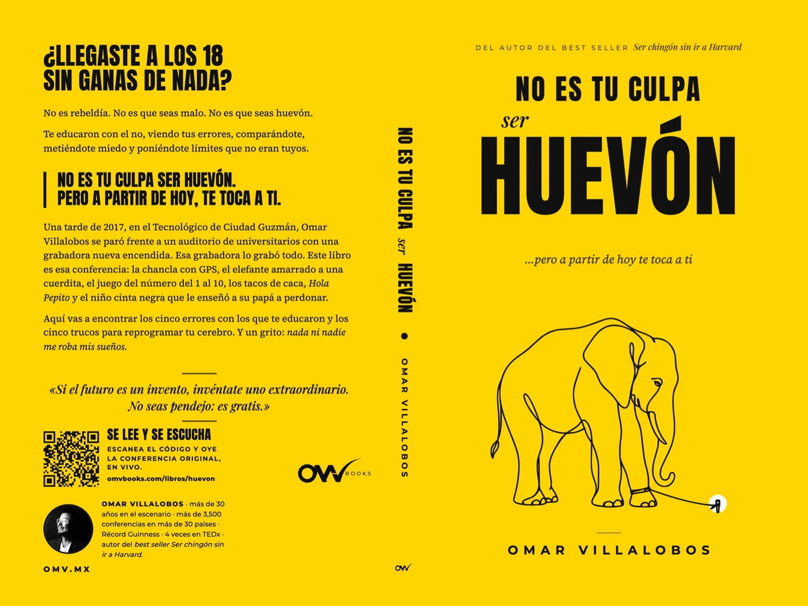 Portada, lomo y contraportada completos de No es tu culpa ser huevón